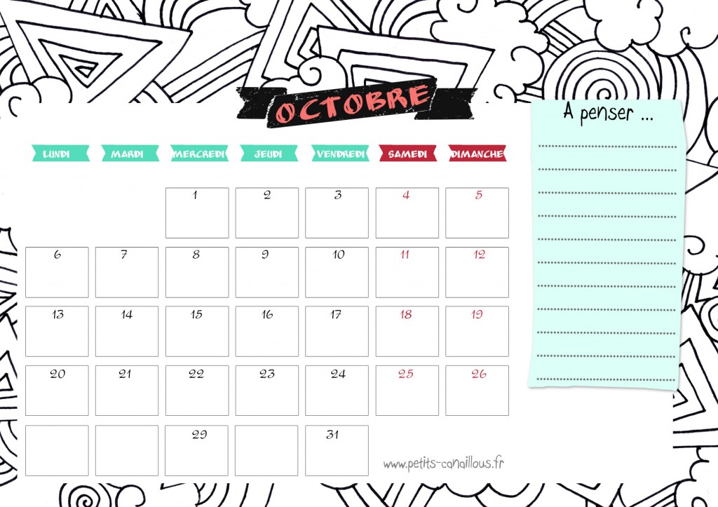 calendrier annuel mois octobre 2014